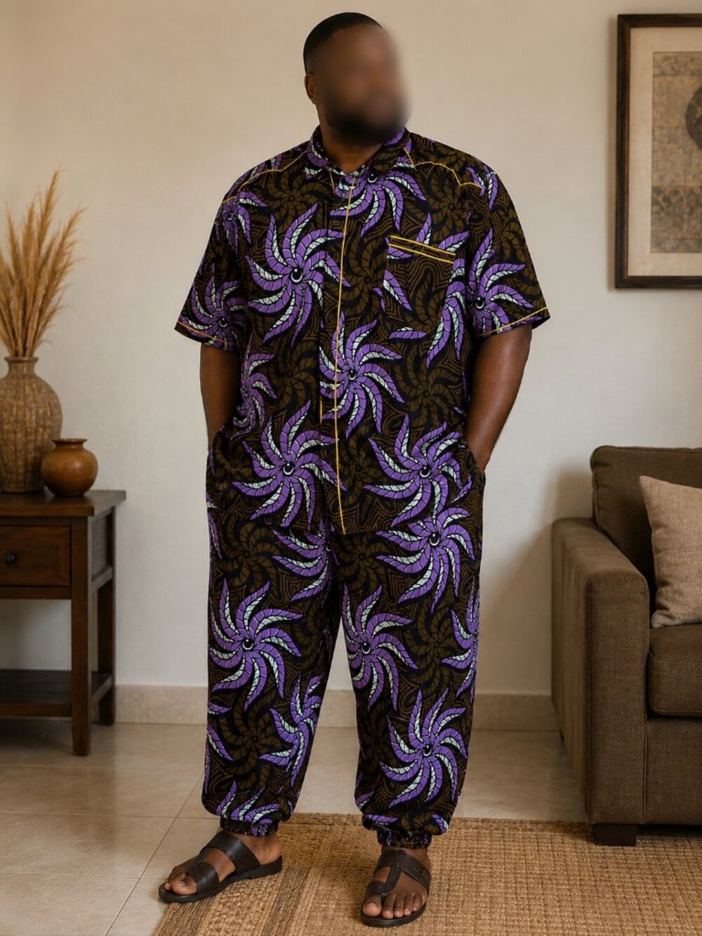 Handmade African Dashiki Kaftan Shirt Pants Set Central Africa Plus Size 3XL-4XL